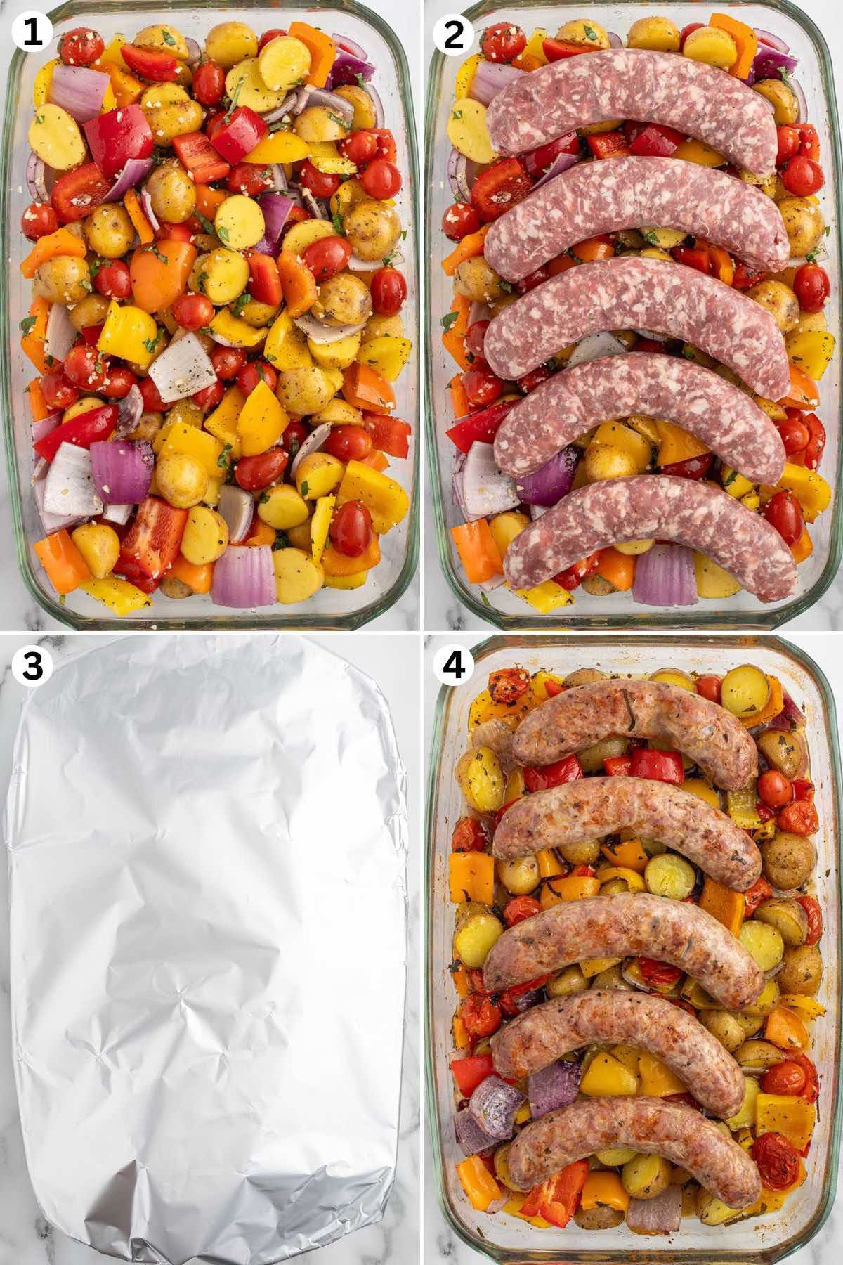 Toss the vegetables together until they are all coated with the olive oil. Place the mild Italian sausage links onto the top of all the vegetables in the baking dish. Cover with aluminum foil and bake. Garnish with fresh chopped basil.