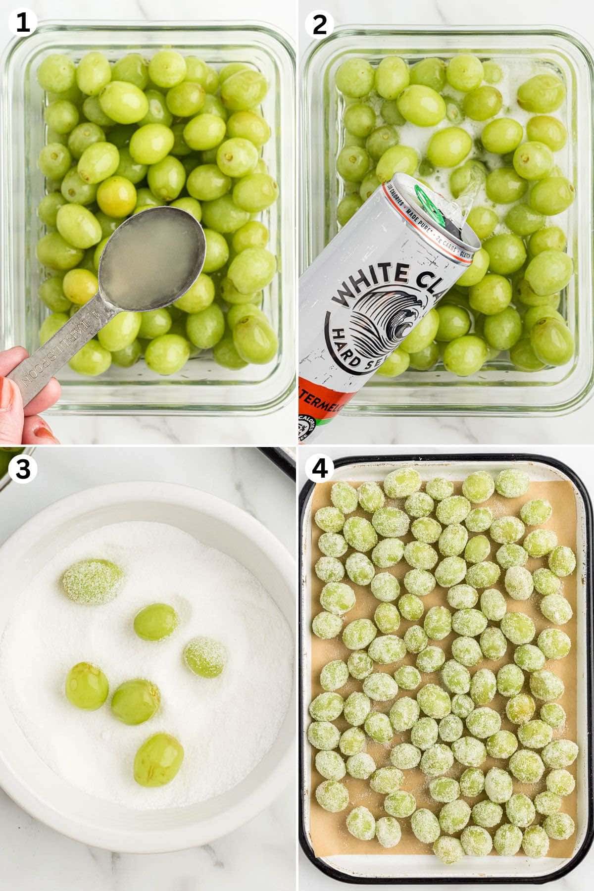 Soak the grapes in a mixture of vodka, lime juice, white claw. Roll 6-8 grapes in the granulated sugar until fully coated. Place the sugar coated grapes in a single layer on the sheet pan.