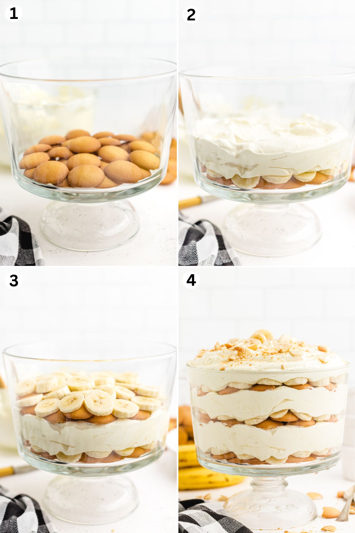 Line the bottom of a large trifle bowl with vanilla wafers. Layer sliced bananas on top of the wafers. Top banana slices with pudding mixture. Repeat laters.