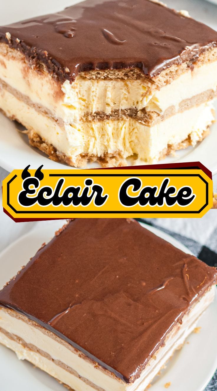 A piece of square sliced eclair cake on a plate