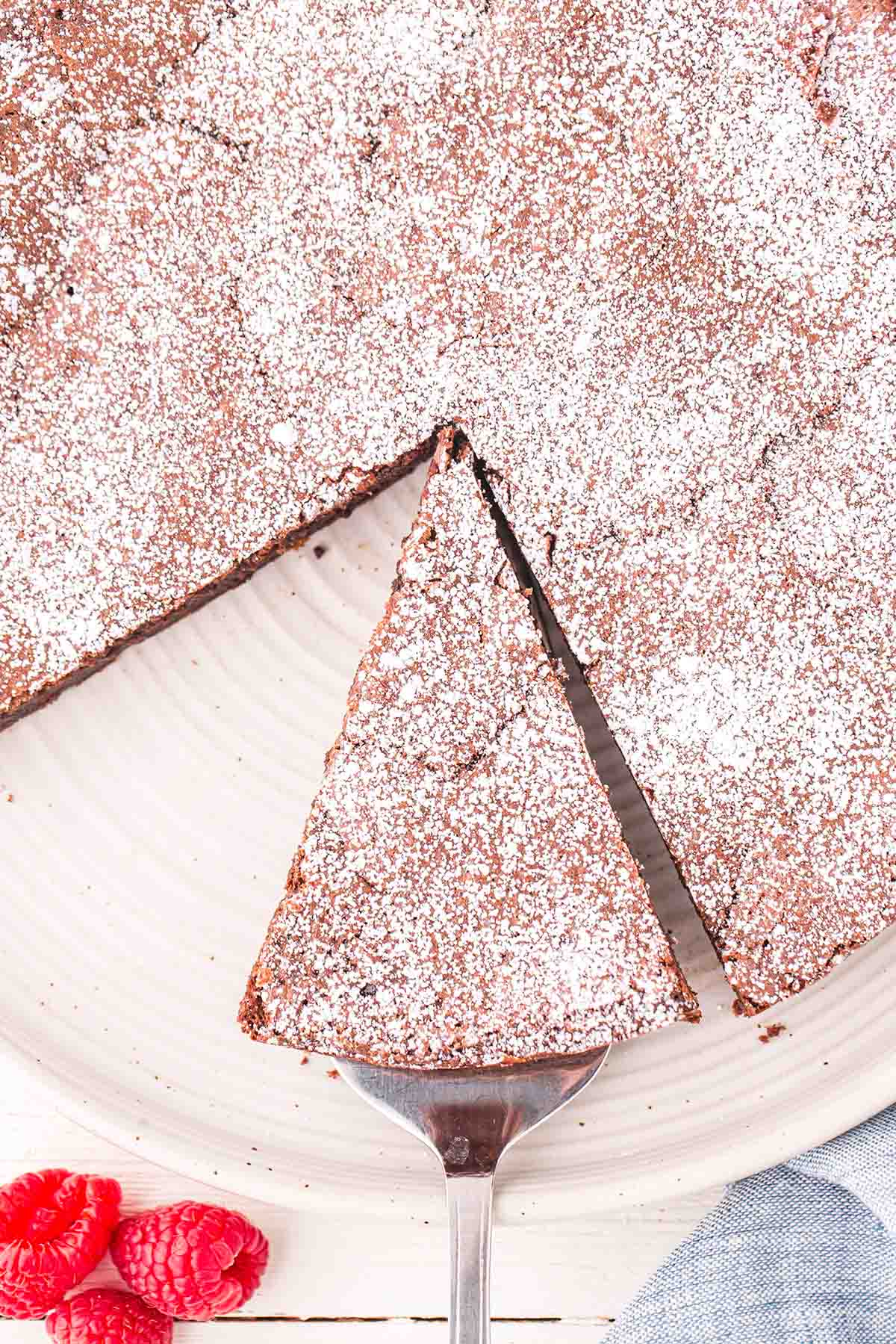 taking a slice of Flourless Chocolate Torte from a plate.