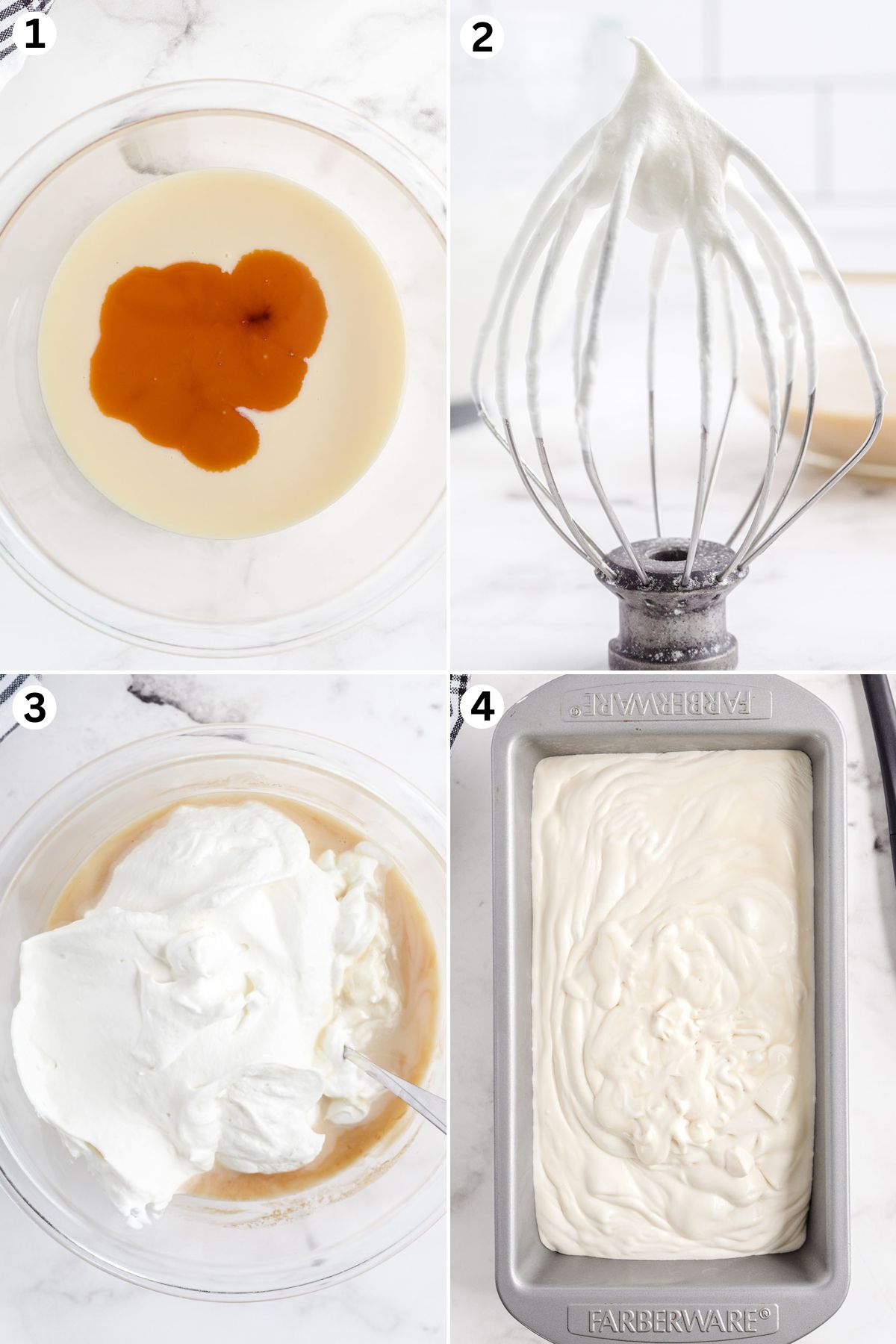 mix ingredients to make sweetened condensed milk mixture. whip heavy whipping cream. mix both  and pour into a pan. 