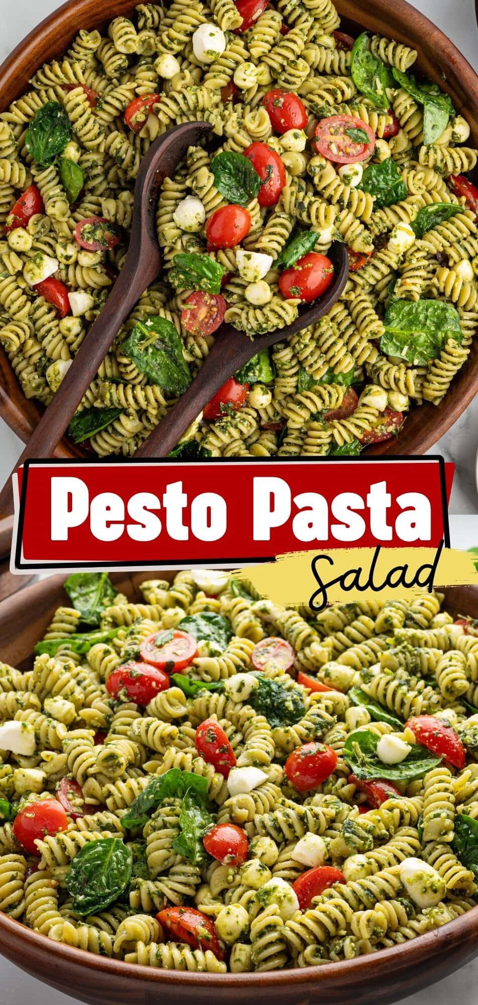 Two views of pesto pasta salad with rotini, cherry tomatoes, mozzarella, and spinach in a wooden bowl with serving tongs.