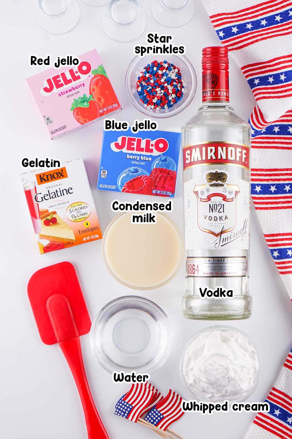 Red White Blue Jello Shots ingredients.