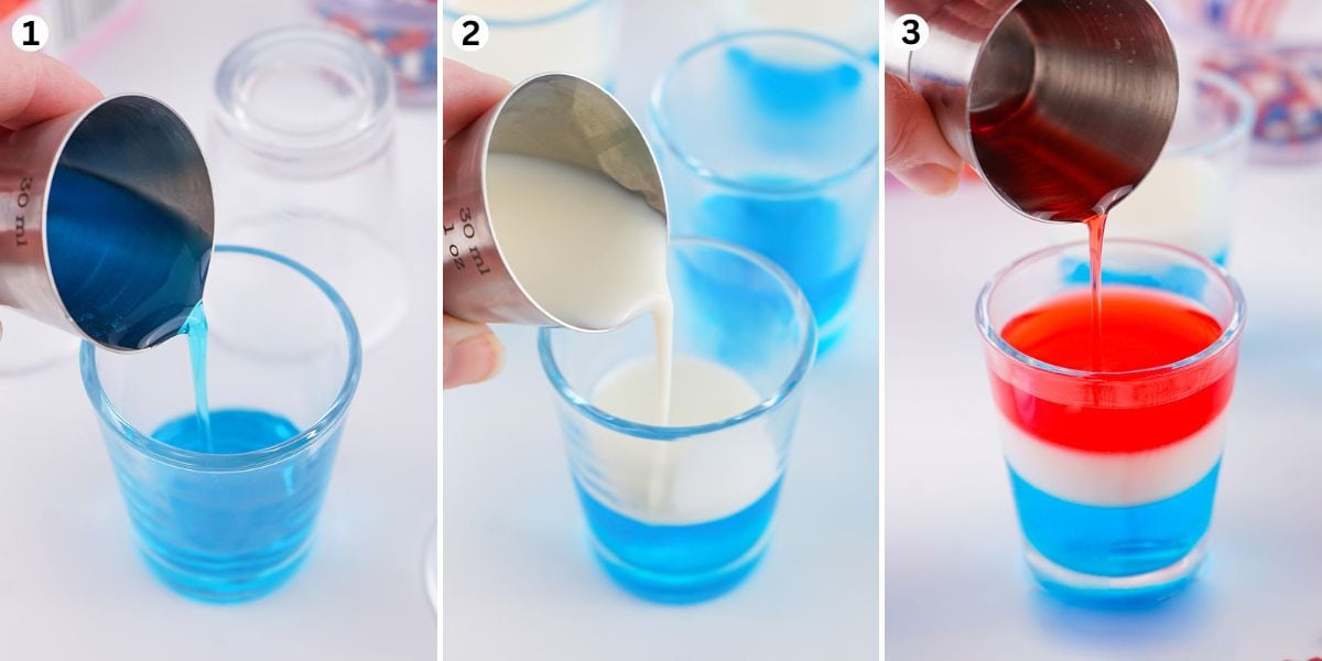 First layer, pour the blue jello into each of your shot glass. Second layer, pour the white jello. Third layer, pour the red jello on top of the white layer.