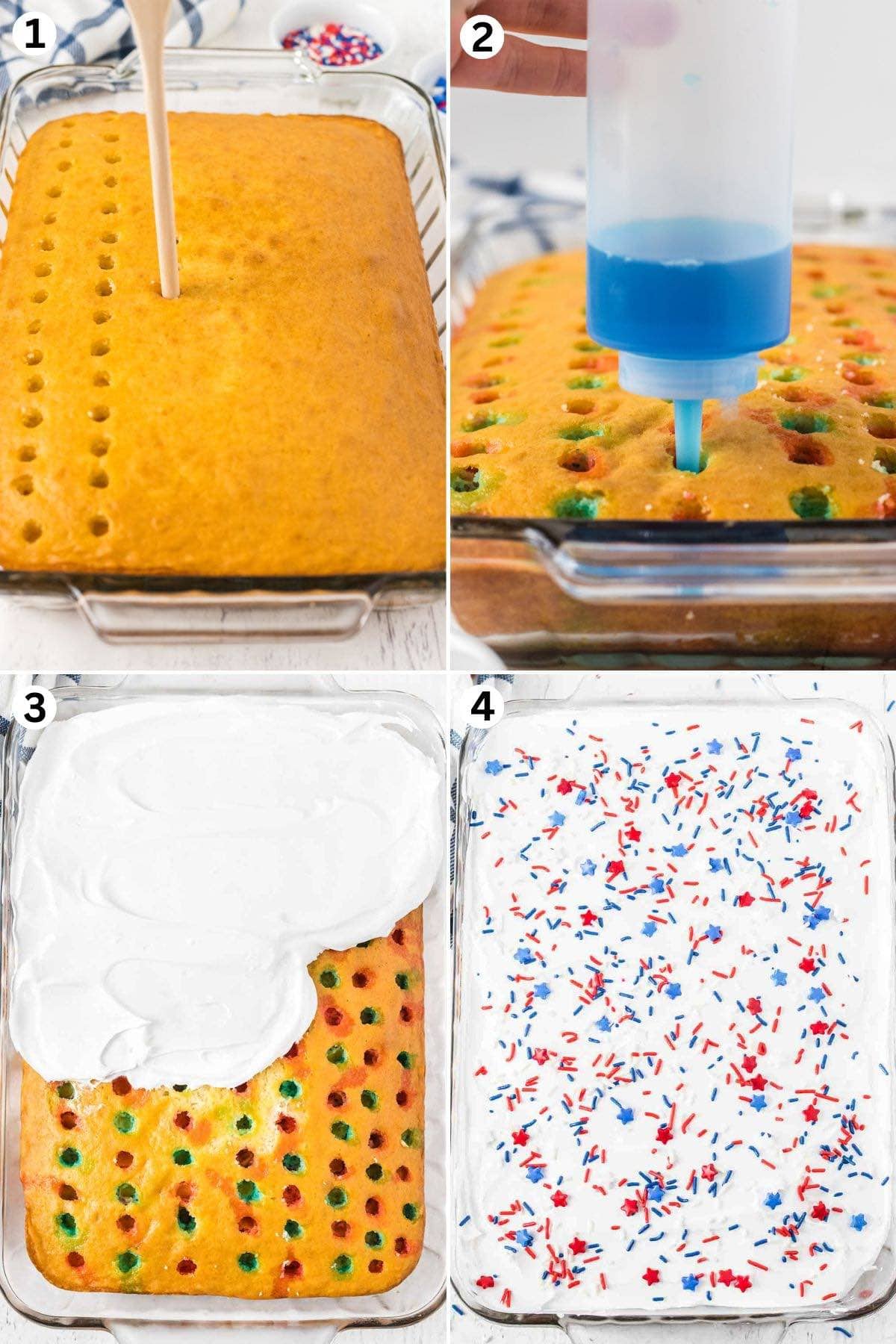 poke holes into the cake mix. pour red and blue jello into the cake mix. top with whipped cream and sprinkles. 