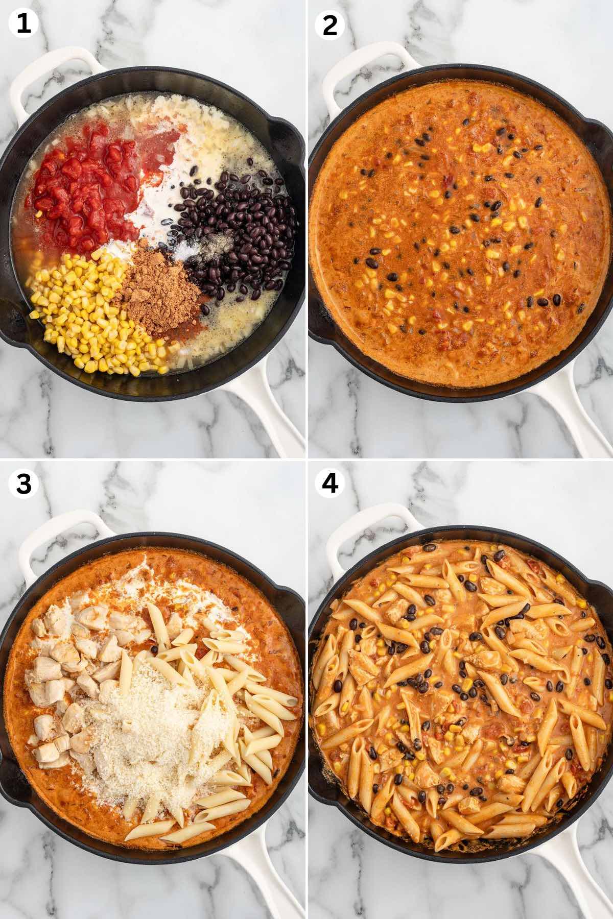 In a large skillet, combine the ingredients. Stir and let it simmer. Add the heavy cream, cooked chicken pieces, pasta, and parmesan cheese. Stir to combine and fully coat the pasta with the sauce.