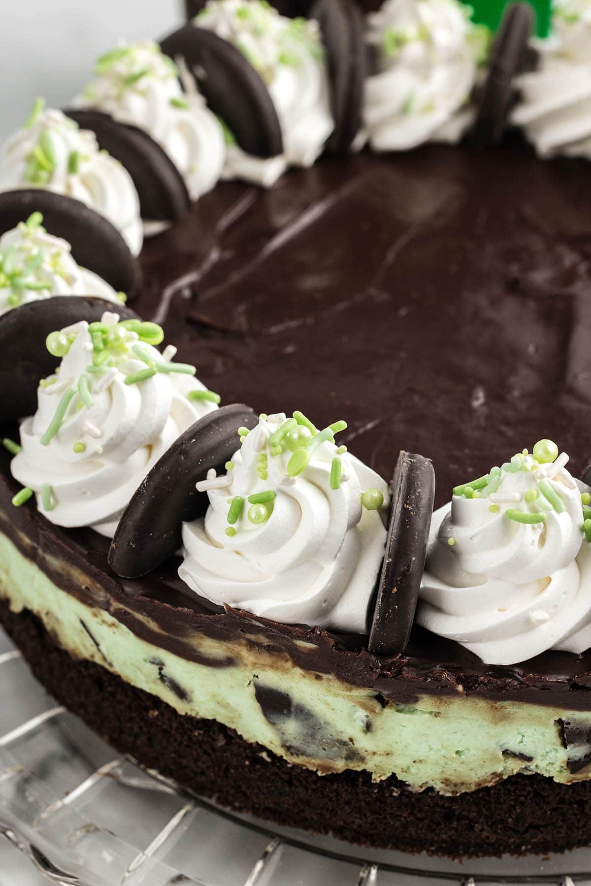 Thin Mint Cheesecake with whipped topping and sprinkles.
