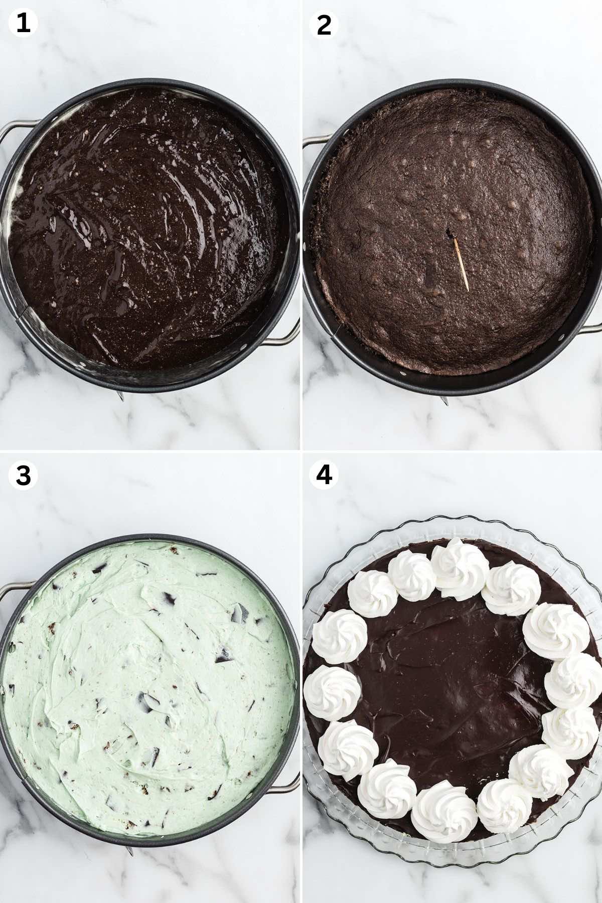 Pour the batter into the springform pan and bake. Spread the thin mint cheesecake mixture evenly over the cooled brownie crust layer. Spread the cool chocolate ganache over the cheesecake layer and decorate.