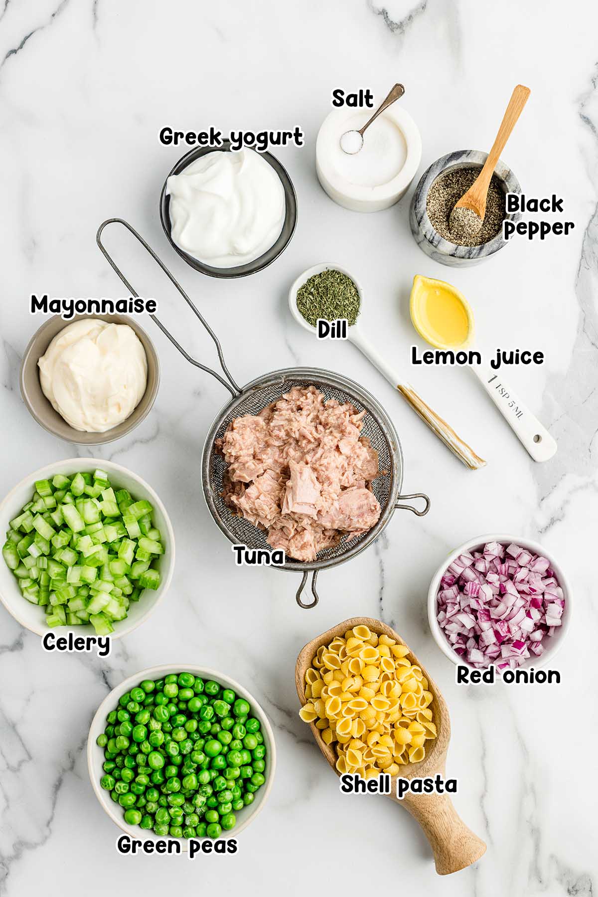 Tuna Pasta Salad ingredients.