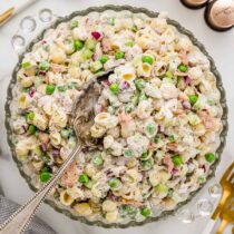Tuna Pasta Salad in a bowl with serving spoon.