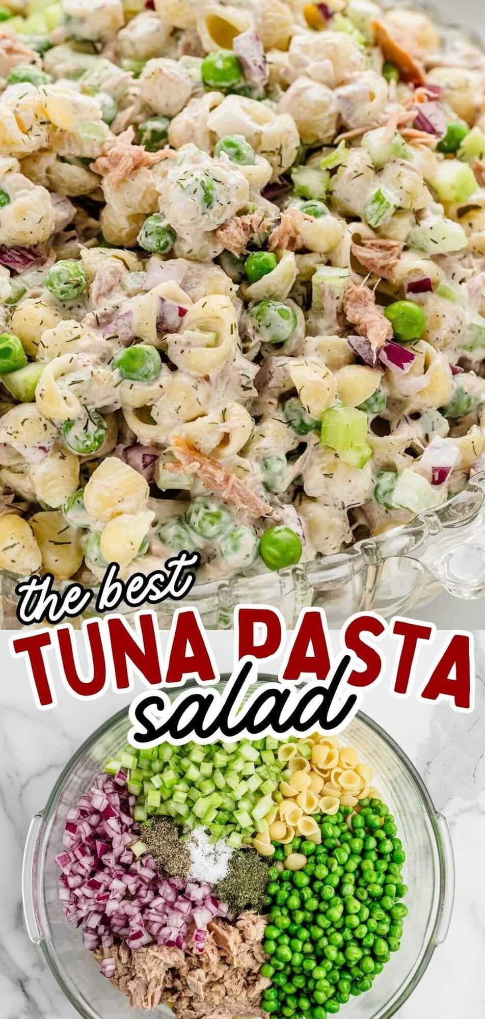 Creamy Tuna Pasta Salad served in clear glass dish.