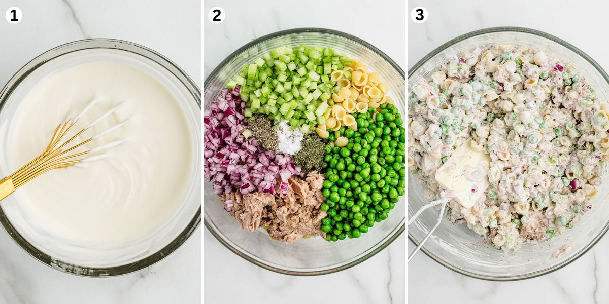 Make the dressing. In a large bowl, prepare the pasta, thawed green peas, diced celery, diced red onion, dried dill weed, kosher salt and cracked black pepper. Toss the dressing with the tuna, pasta and vegetables to coat.