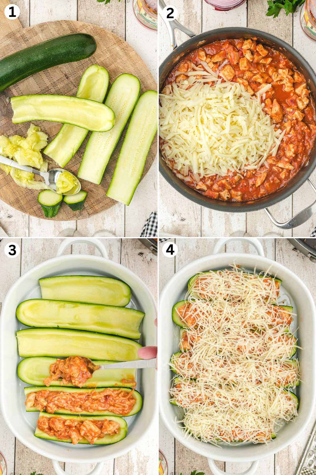 scoop out the zucchini. mix the chicken with cheese and sauce. add the chicken mixture into each boats. top with cheese and bake. 