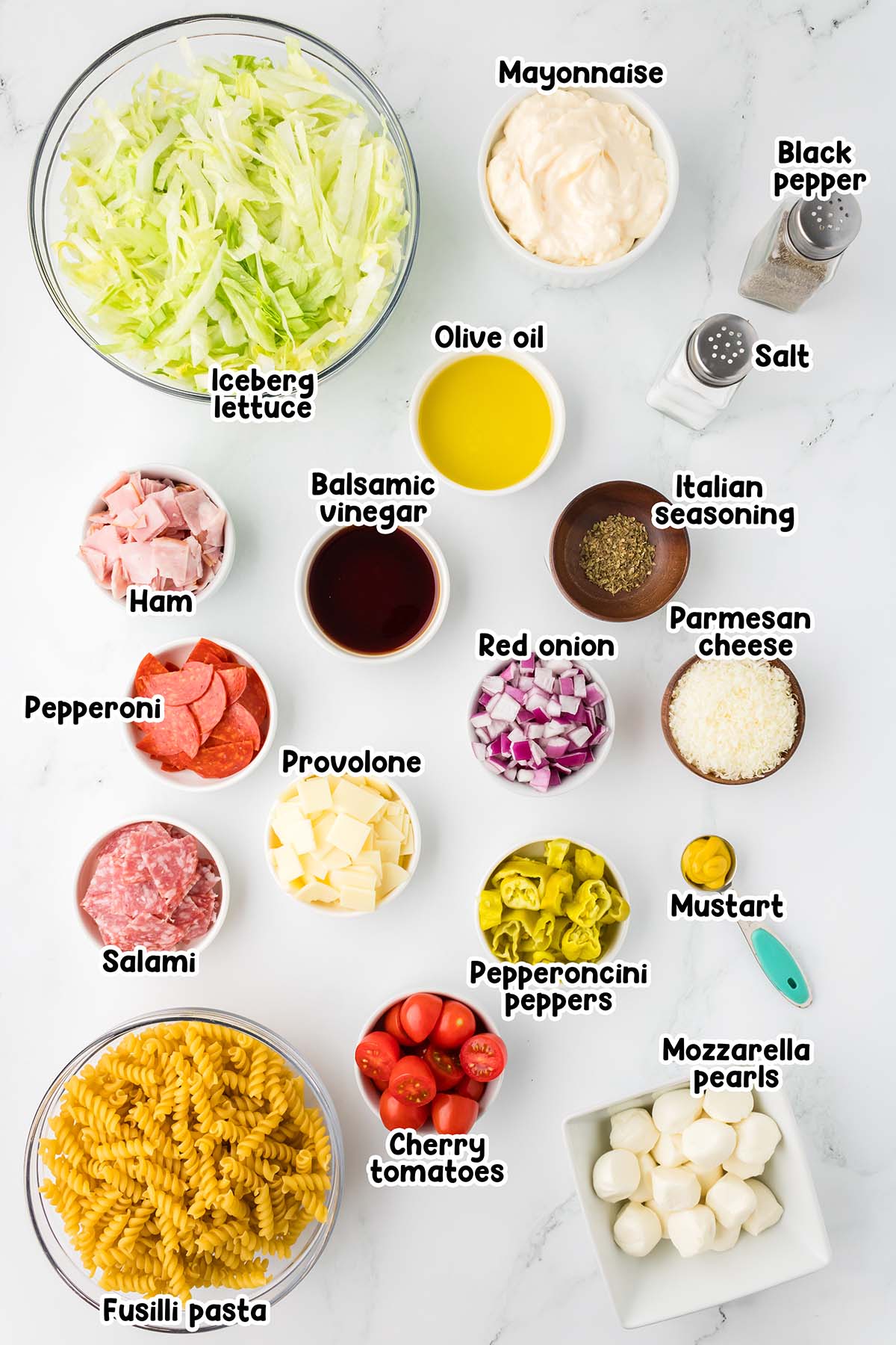Grinder Pasta Salad ingredients.