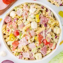 a bowl of Grinder Pasta Salad coated with dressing.