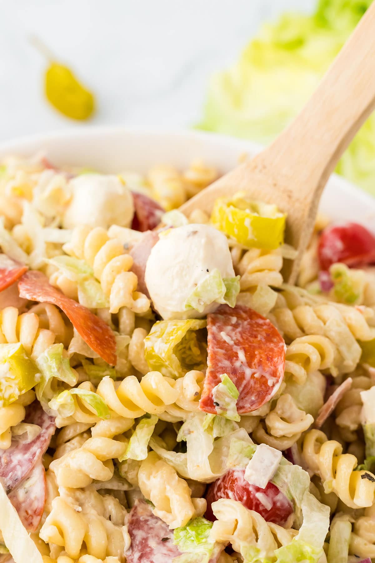 a bowl of Grinder Pasta Salad with pepperoni.