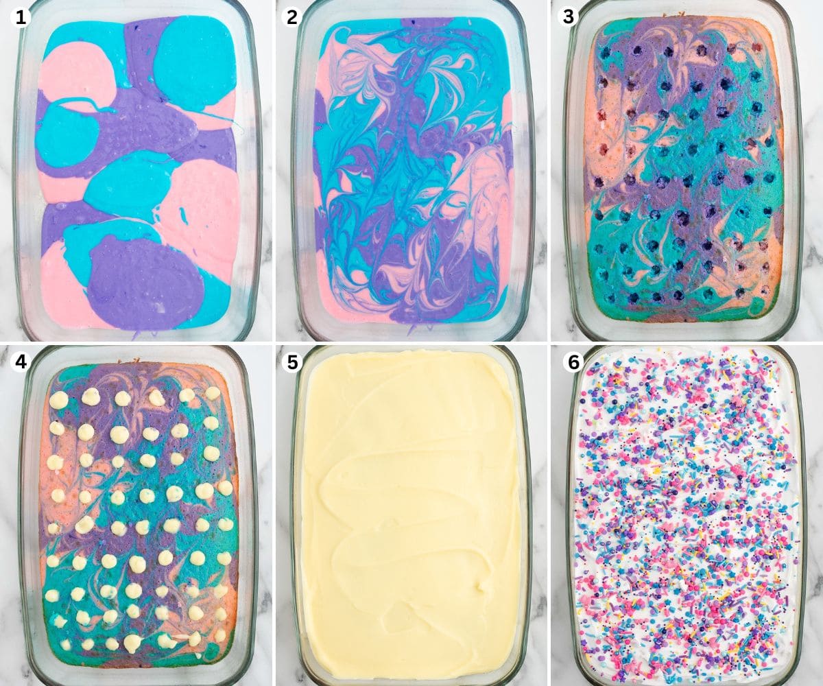 Drop spoonfuls of tinted cake mix into the baking dish. Swirl the batter in a pretty pattern and bake. Poke holes into the cake. Spoon the pudding into the holes until filled then spread the remaining pudding over the cake. Spread the whipped topping on top of the pudding layer.