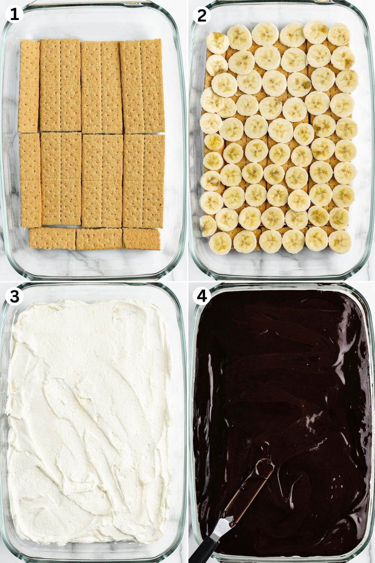 Line the bottom of a baking dish with a single layer of the graham crackers. Top with a single layer of sliced bananas. Spread the pudding mixture over the bananas. Pour the frosting over the top layer of graham crackers.