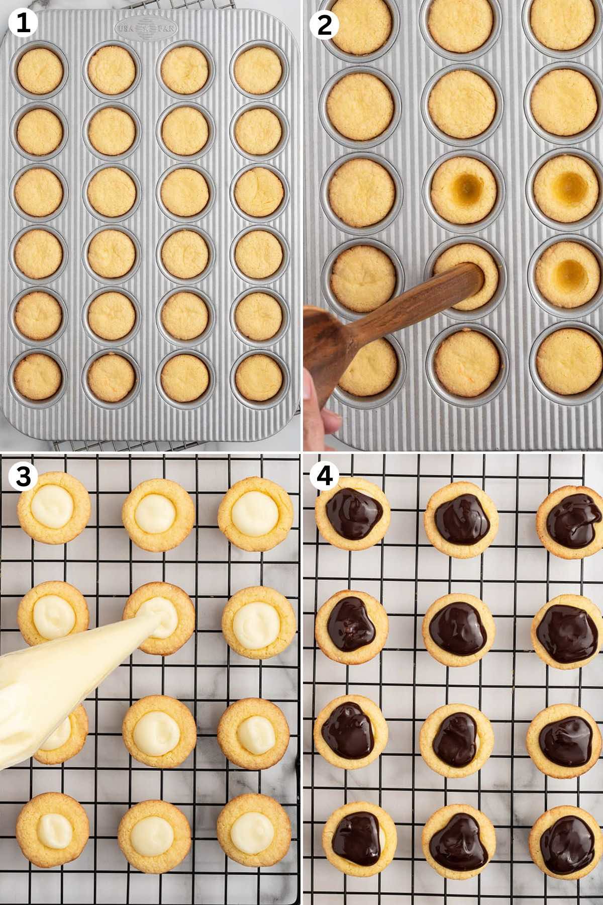 Bake the cookie cups. Create the cavity using the end of a round wooden spoon. Squeeze the pudding into the cavity. Spoon chocolate ganache on top of the pudding layer.