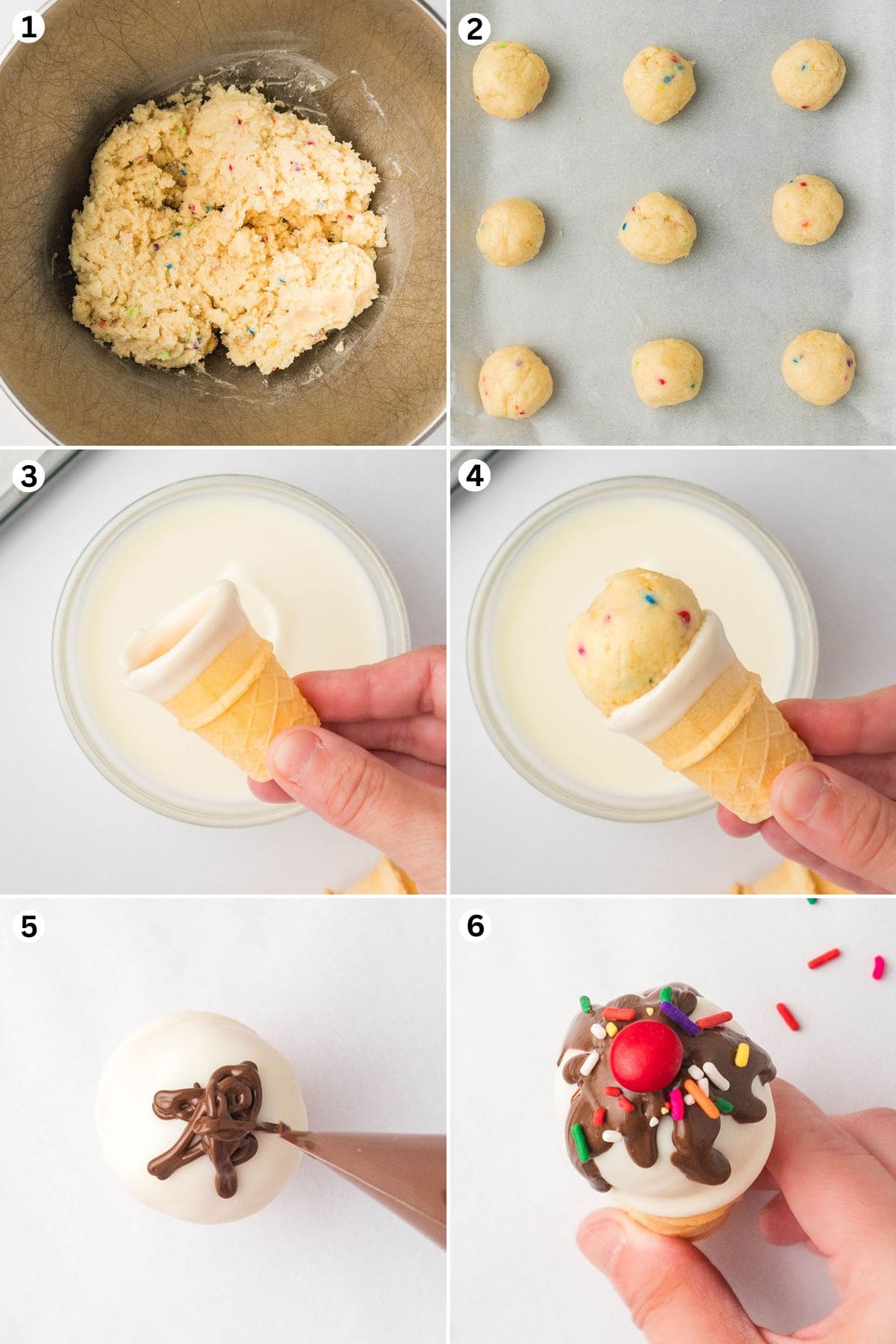 Create the cookie dough. Scoop out dough and roll into a ball. Carefully dip each cone into the melted almond bark. Place the cooking dough top of the cone. Pipe a small swirl of melted chocolate on top of each dipped cone so it resembles chocolate syrup. Place a red M&M candy on top of the chocolate swirl and add sprinkles.