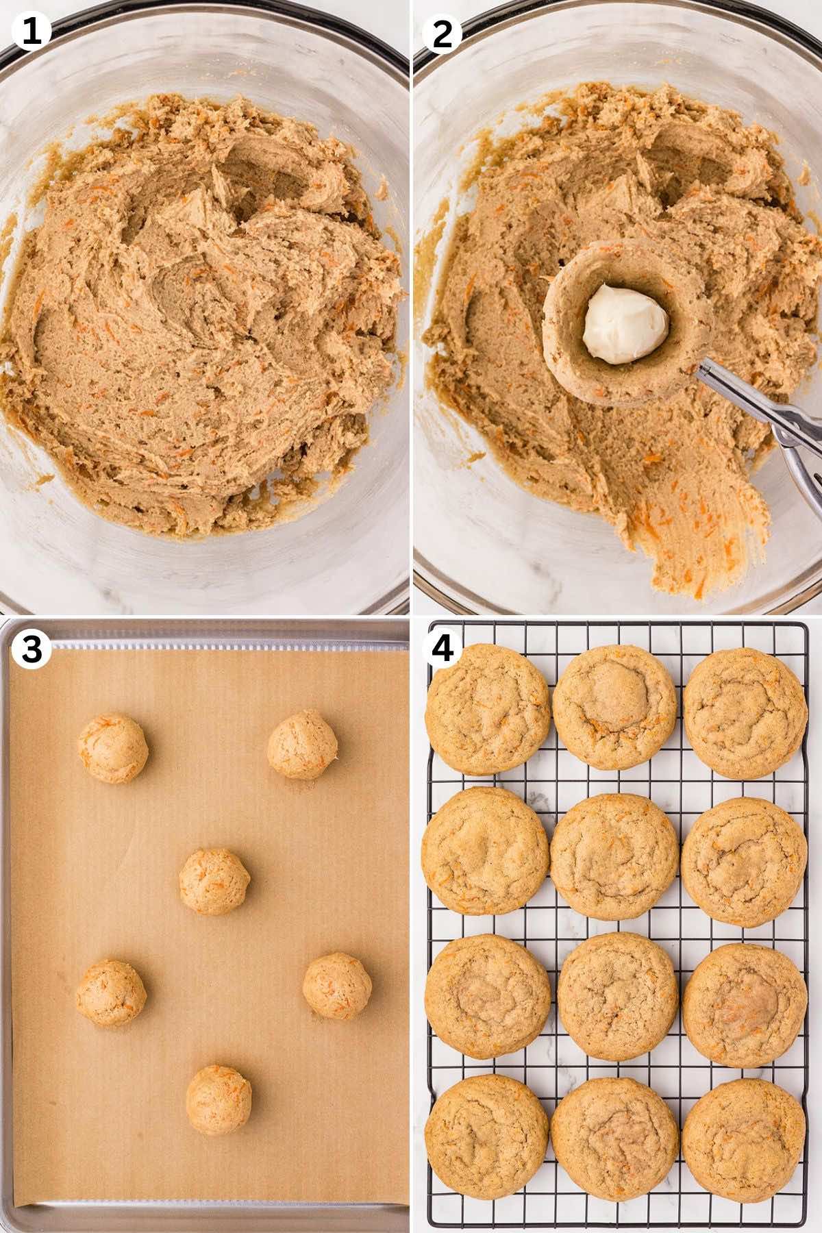 make the carrot cake cookie dough. scoop and create a well in the middle of the dough. place the cream cheese mixture and roll. place in baking sheet and bake.