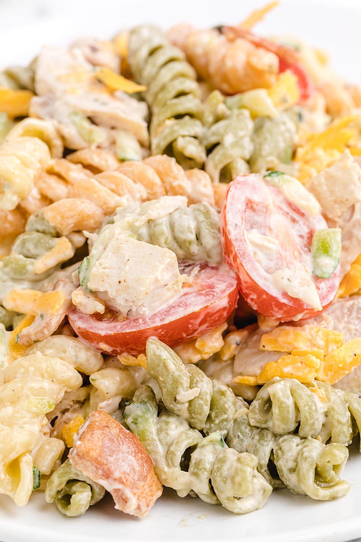chicken bacon ranch pasta salad served on a plate. 