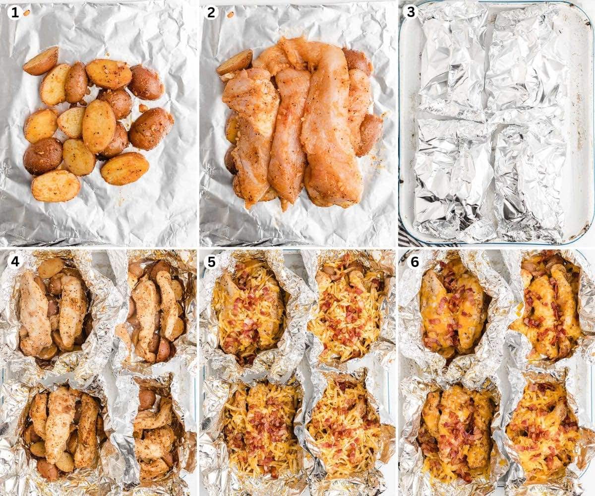 Divide the potatoes equally between the foil packs and top with chicken pieces. Fold, seal, and roll the two edges of foil together. Place the foil packets on a baking sheet. Bake. Sprinkle cheese and bacon on top and bake again. 