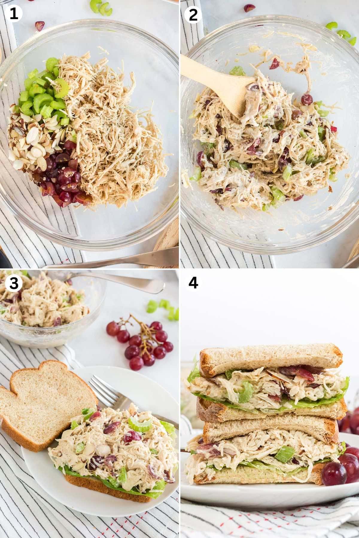 mix chicken salad ingredients and dressing in a bowl and serve with slice of bread. 