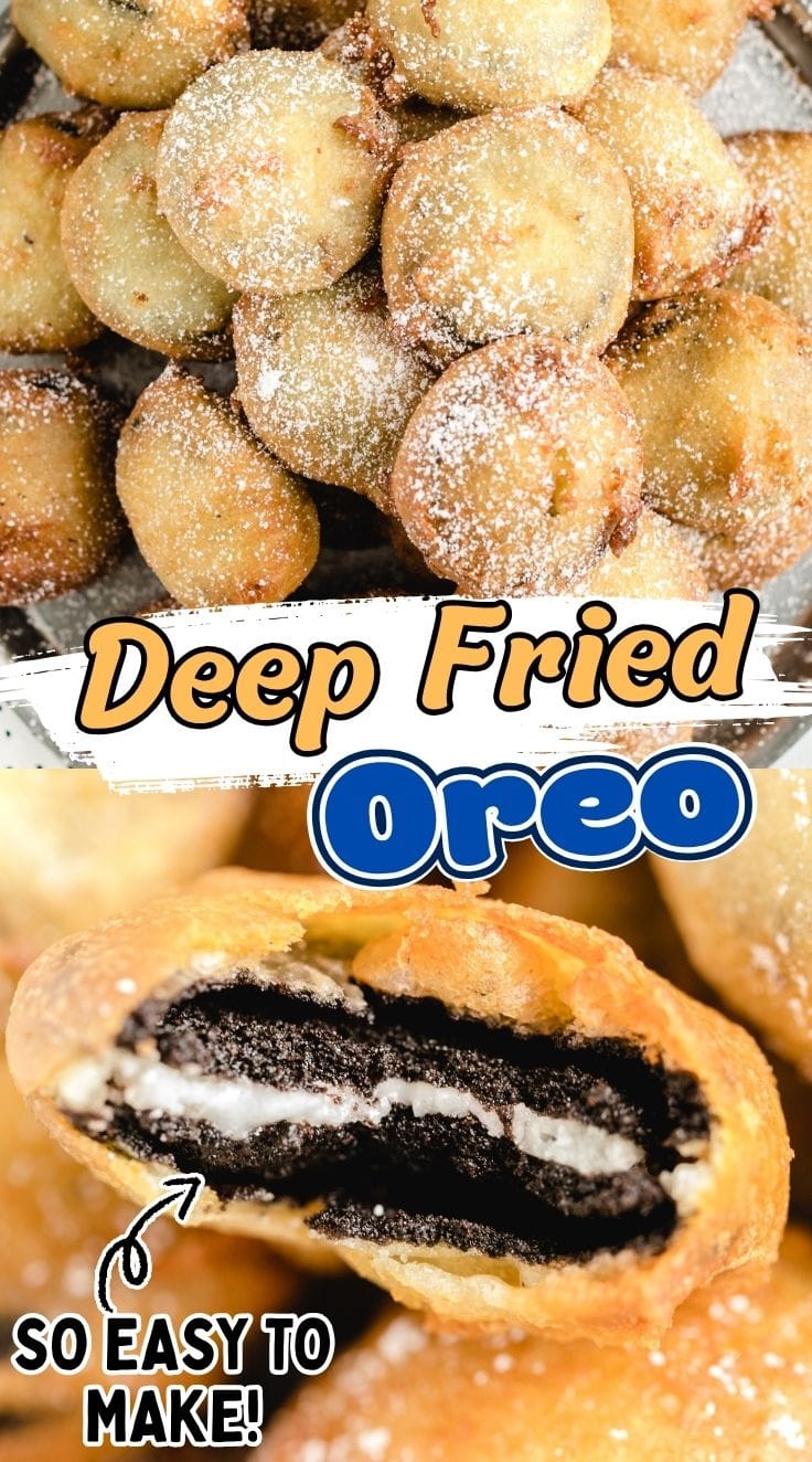 Half bitten Deep Fried Oreos showing oreo covered with crispy golden coating