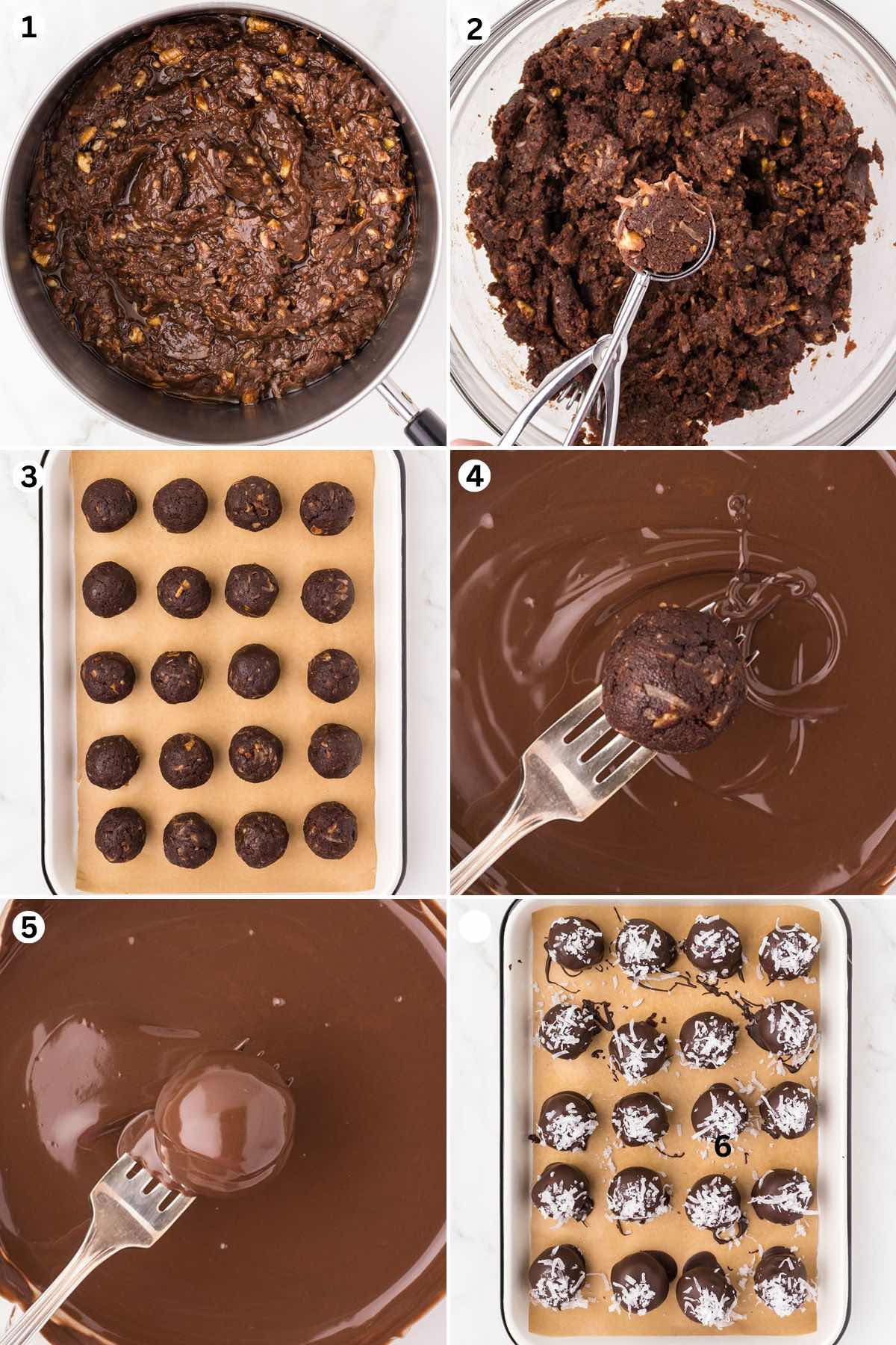 Make the filling mixture. Scoop the filling and roll into smooth balls. Place the truffle in baking trays. Dip each truffle into the melted chocolate. Sprinkle with shredded coconut.