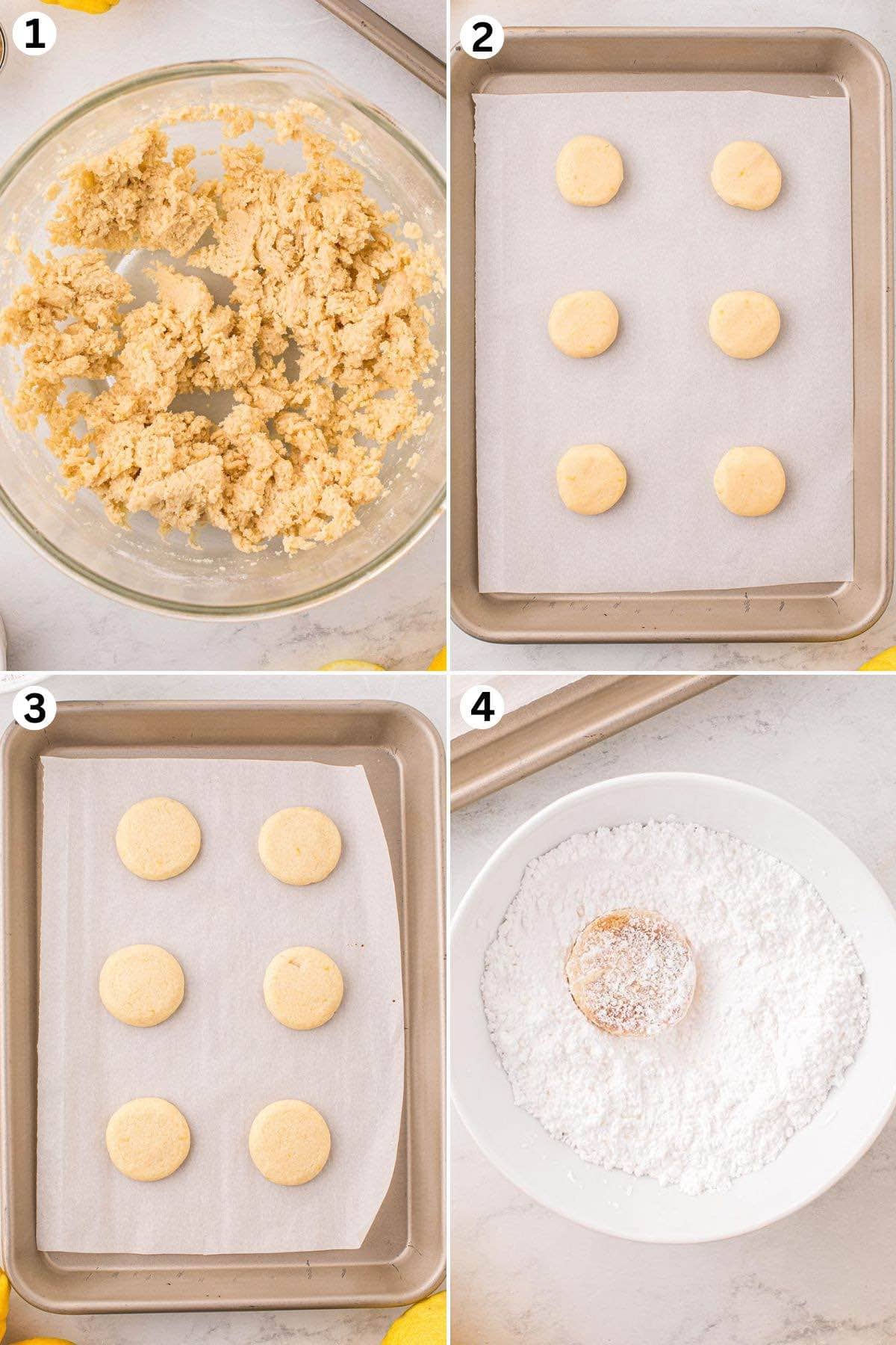 Make the cookie dough. Scoop out cookie dough balls and flatten them. Bake. Dip each cookie in the powder sugar mix to coat. 