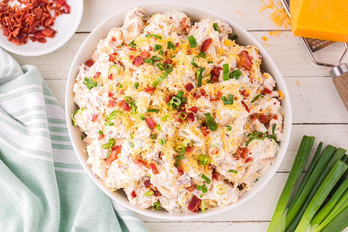 baked potato salad in a bowl.