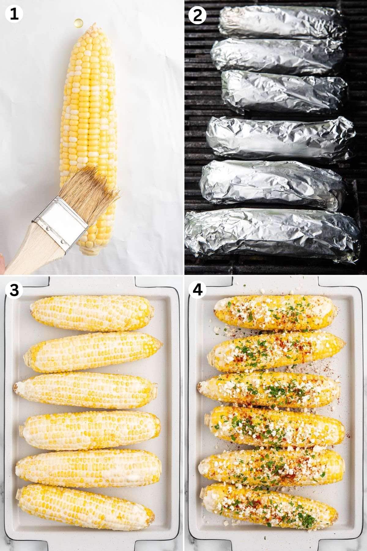 brush the corn with oil and salt. wrap in aluminum foil and grill. brush with mexican crema and sprinkle with chili powder, cotija cheese, fresh parsley.
