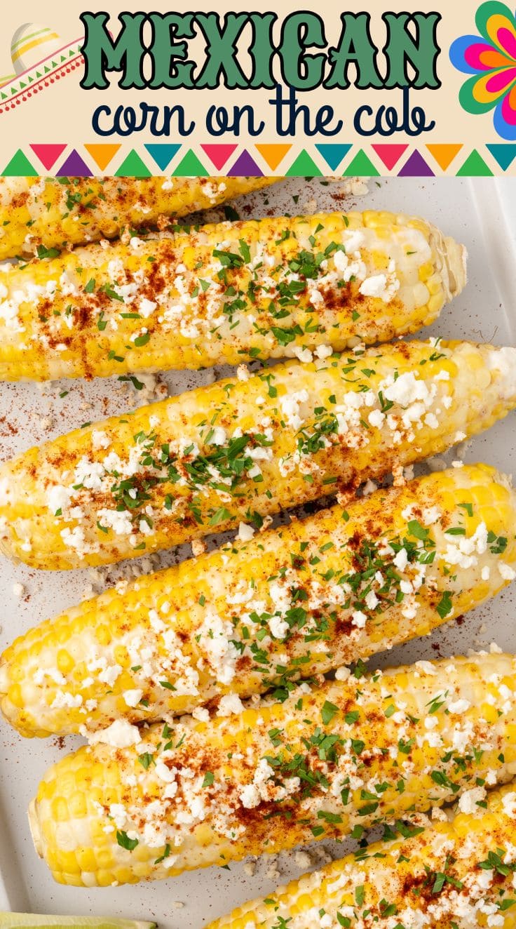 Six grilled Mexican corn on the cob topped with chipotle chili powder, parsley and cream sauce.