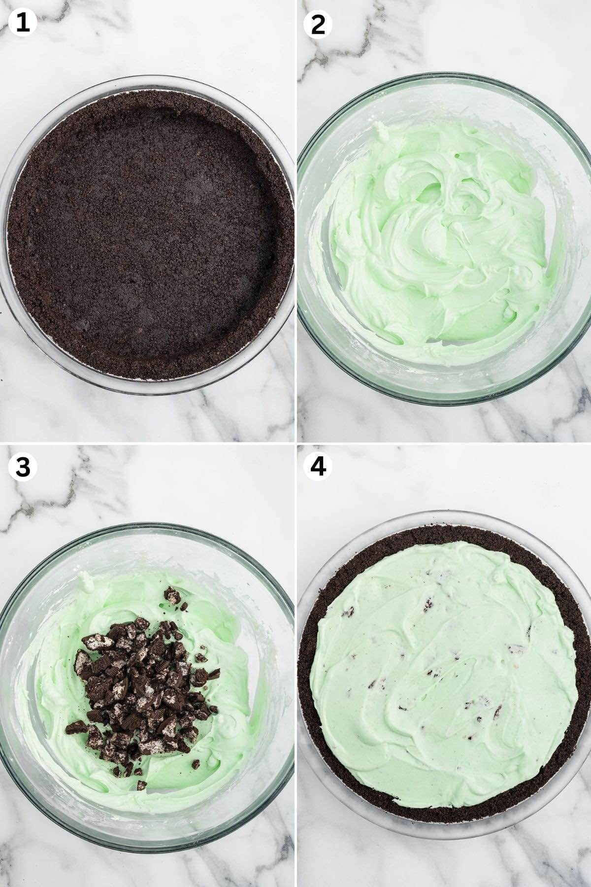 Press the cookie crumbs into the pie dish to form a chocolate cookie crust. Make the mint chocolate mixture. Fold in the crushed cookies. Spread the mint chocolate pie filling into the crust.