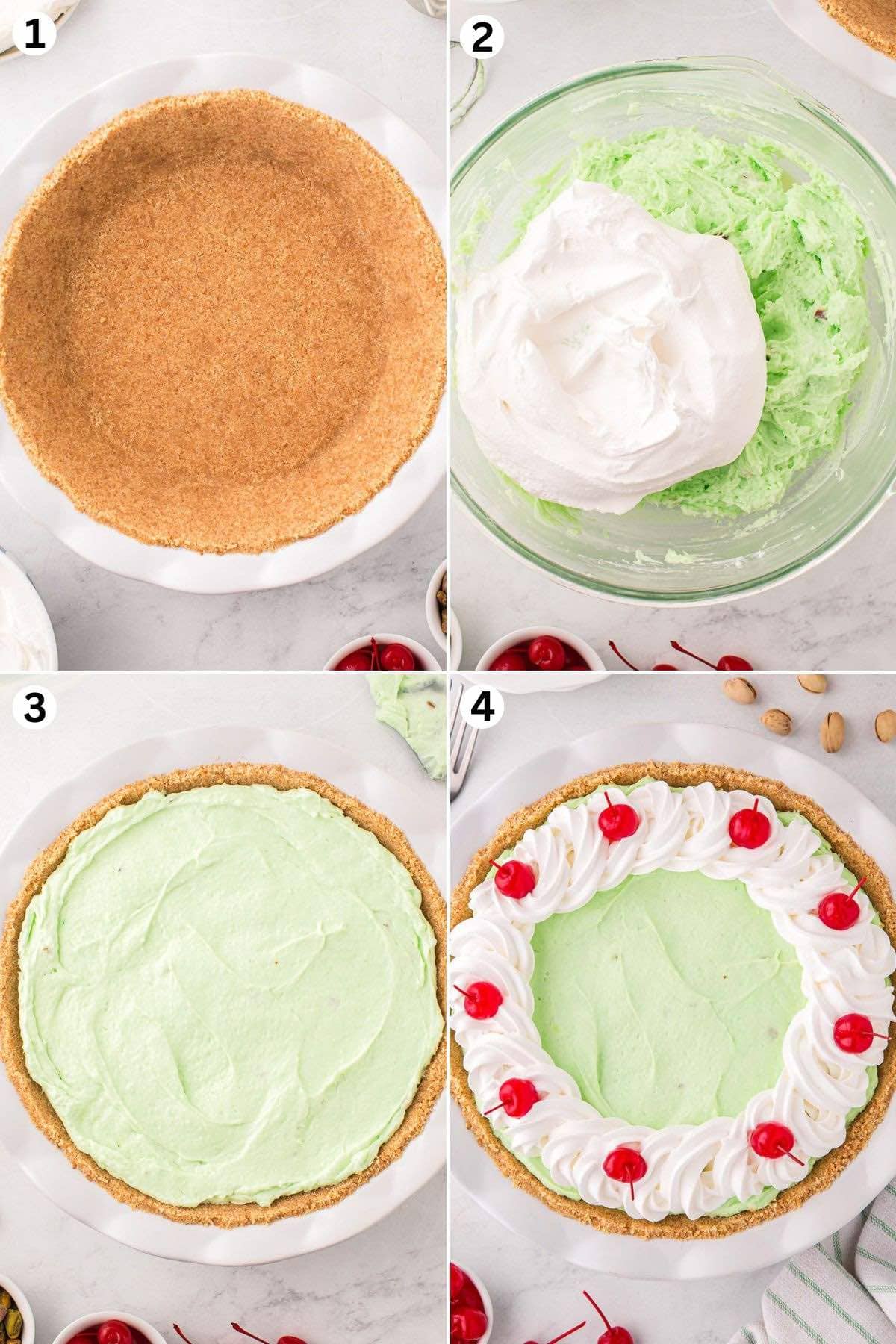 Press the crust into the pie pan. Make the pie filling in a bowl. Spread the pie filling into the crust. Pipe the whipped topping around the edge of the pie, sprinkle pistachios on top and garnish with maraschino cherries.