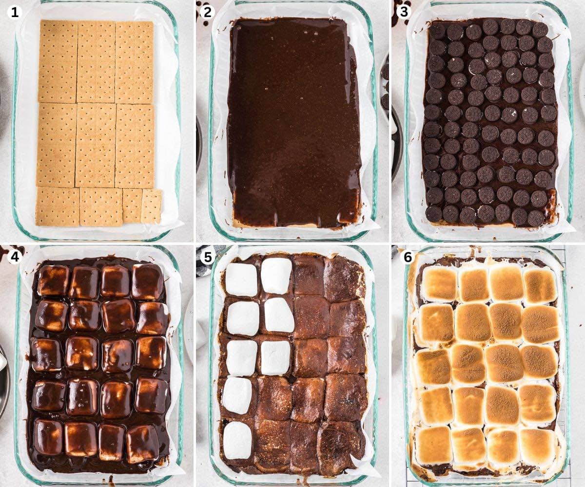 Arrange the graham crackers along the bottom of the baking dish. Spread a layer of brownie batter over the graham crackers, cover with a layer of Oreo cookies, and top with marshmallows. Cover the marshmallows with the remaining brownie batter. and broil. 