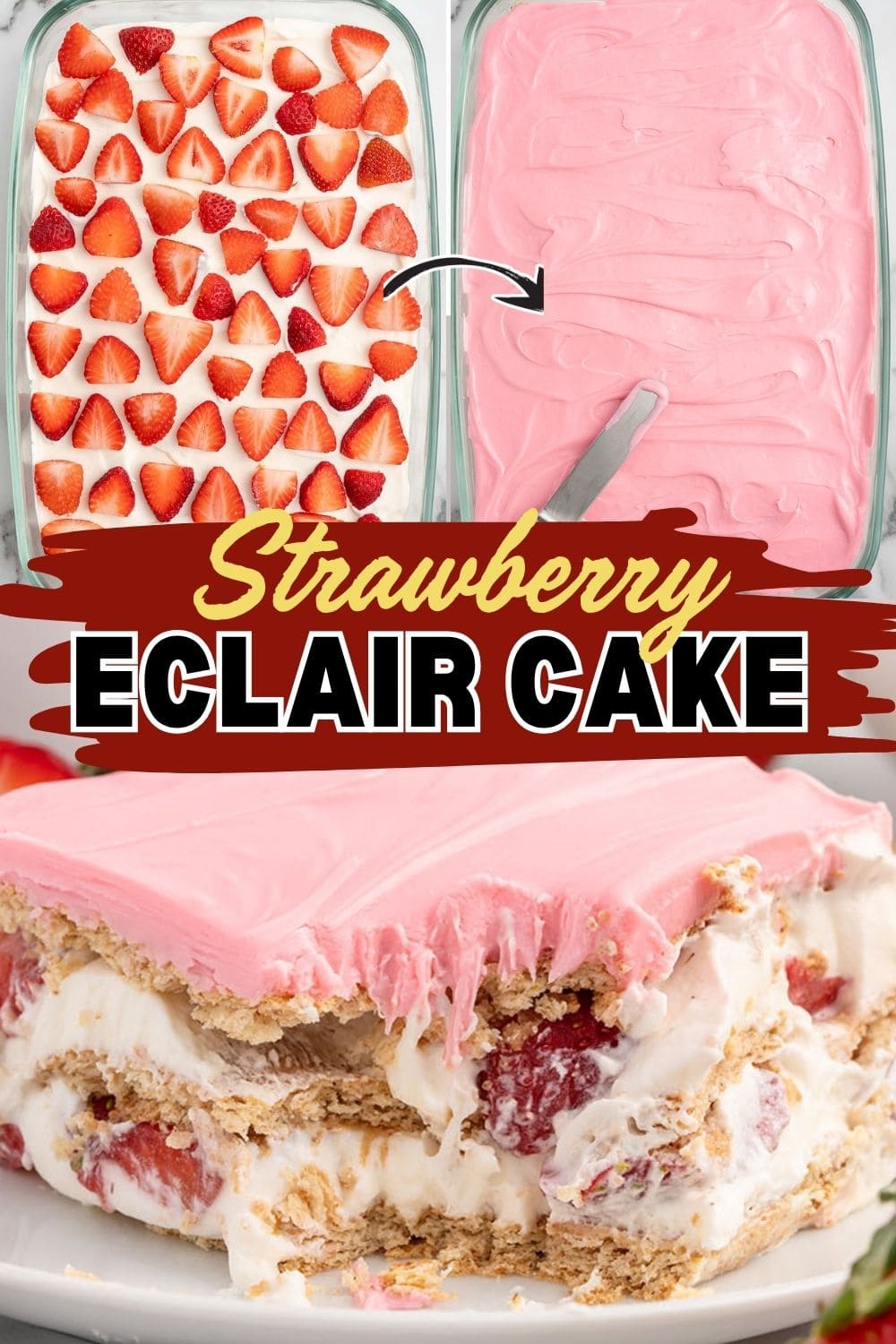 Close up of Strawberry Eclair Cake showing layers of crushed graham crackers, berries, pudding and pink colored strawberry frosting