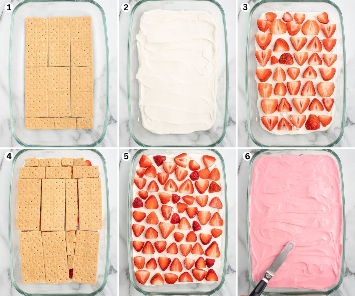 Place a single layer of graham crackers to cover the bottom. Spread half of the pudding mixture over the graham crackers. Add a layer of sliced strawberries over the pudding. Cover with a second layer of graham crackers. Pour the remaining pudding mixture and another layer of strawberries. Spread the strawberry frosting on top.