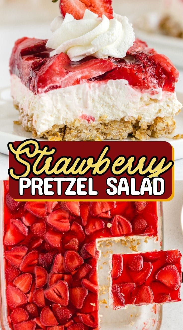 A slicer taking out a slice of Strawberry Pretzel Salad out of a baking dish