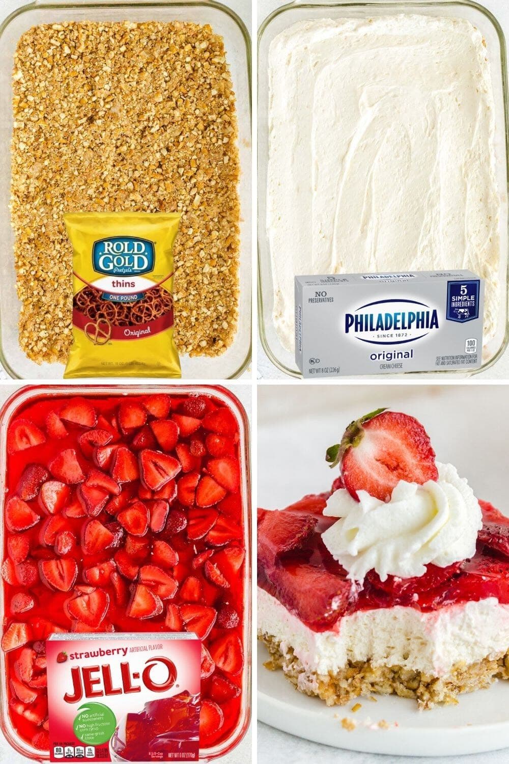 Strawberry Pretzel Salad with layers of crushed pretzels, creamy filling and jello with real fruits