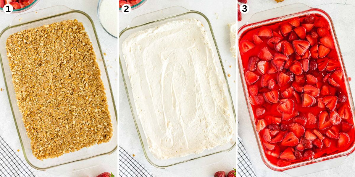 add the crushed pretzel at the bottom of casserole dish. top with cream cheese mixture. add the strawberry mixture on top. 
