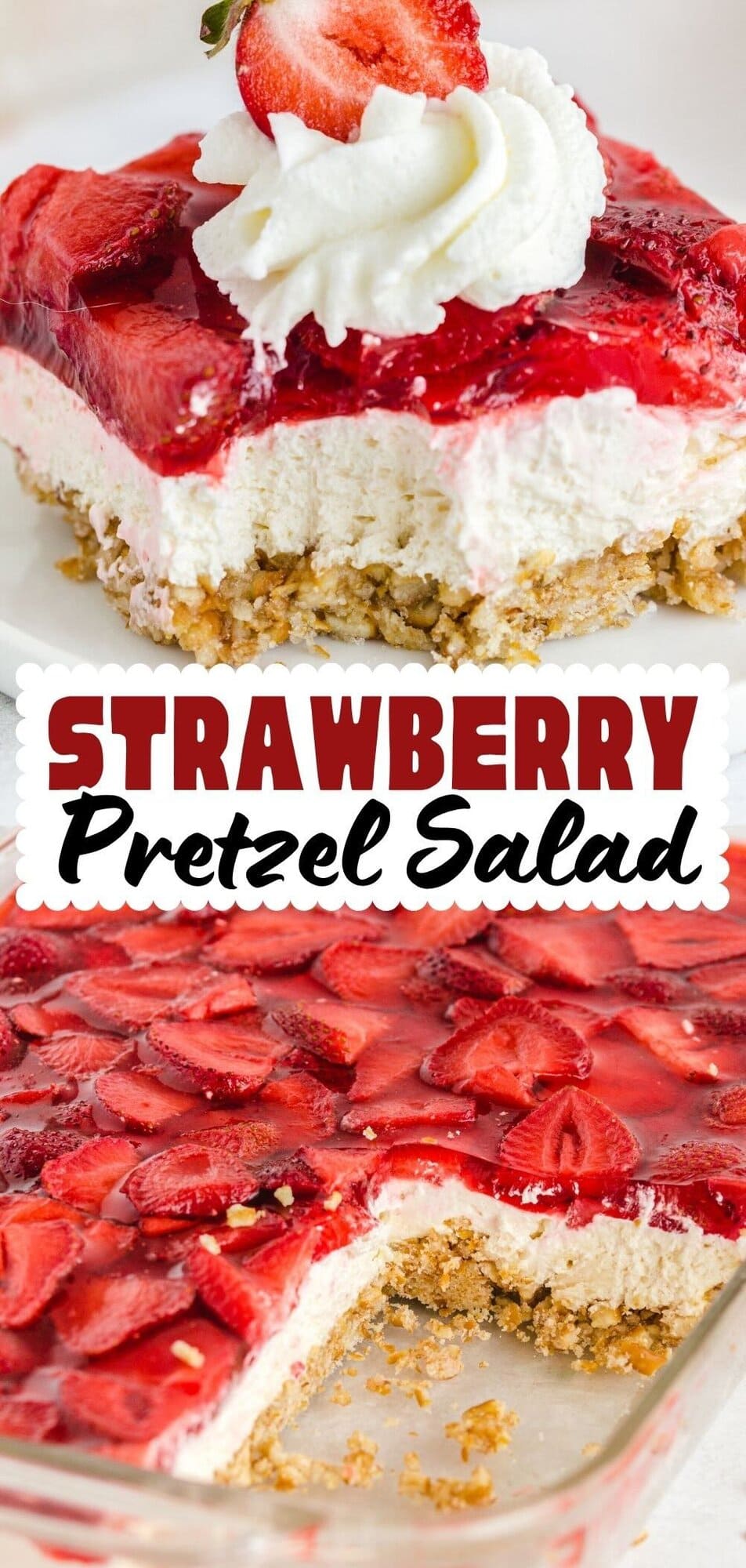A slice of strawberry pretzel salad served on a white plate.