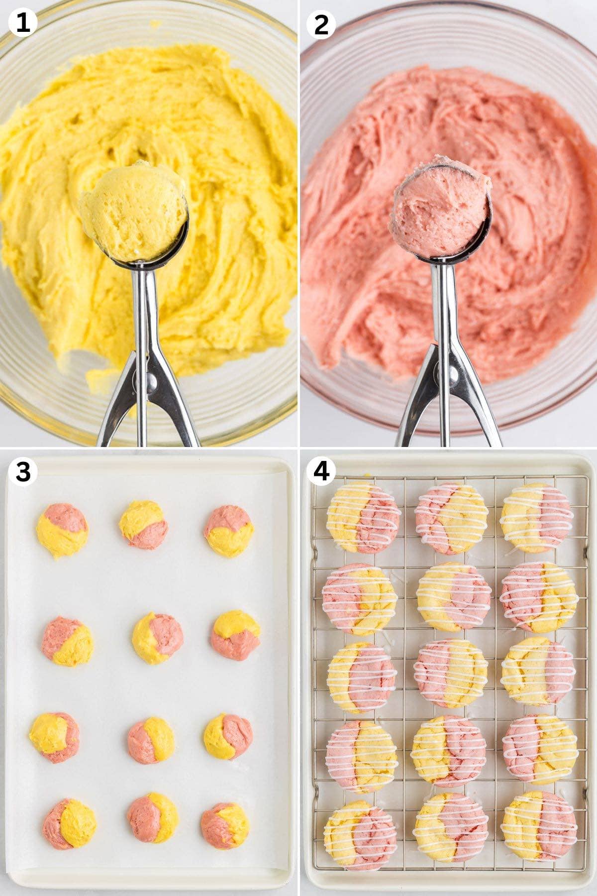 Make the strawberry cookie dough. Make the lemonade cookie dough. Roll together a scoop of strawberry dough with a scoop of lemon dough to form a ball. Bake. Drizzle the glaze over the cooled cookies.