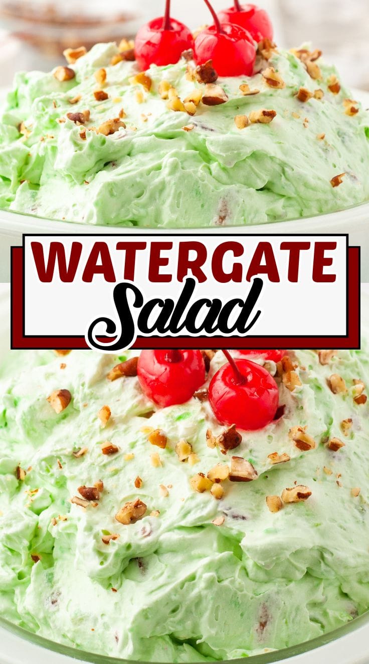 Watergate Salad decorated with cherries on top served in a white bowl