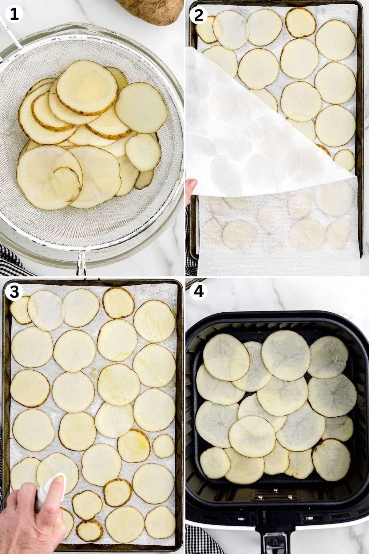 slice, soak the potatoes. pat dry with paper towel. add in air fryer basket.