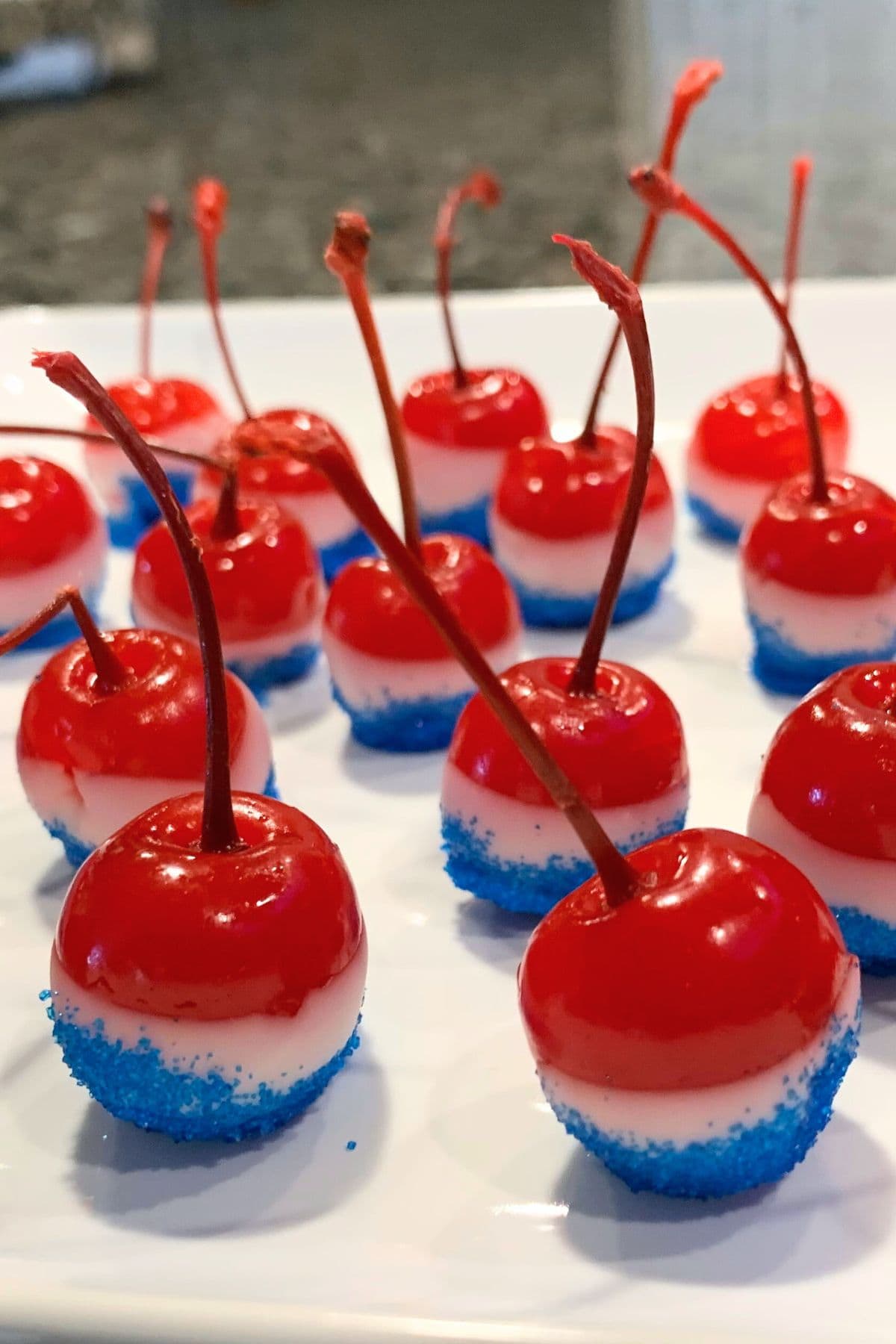 cherry bomb with white and blue stripes. 