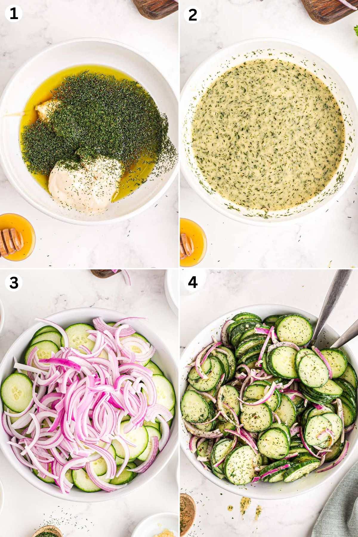 mix the dressing in a bowl. place cucumber and onion on another bowl. mix cucumber and the dressing. 