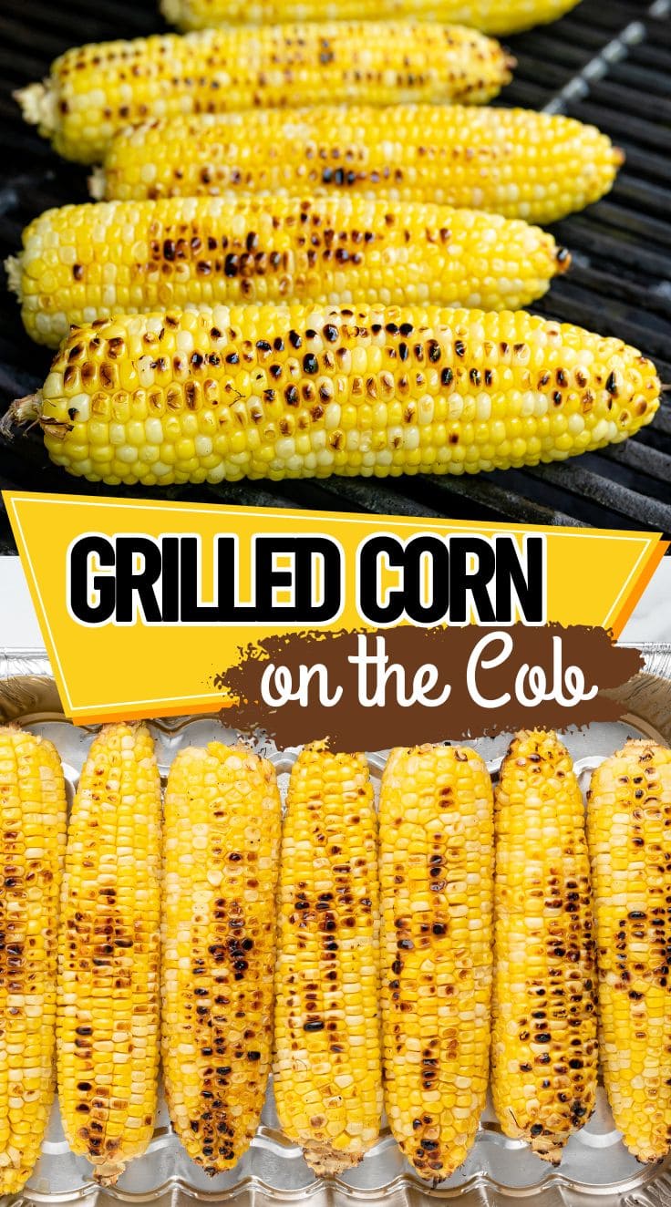 A few grilled ear of corns placed on grill and aluminium foil baking dish.